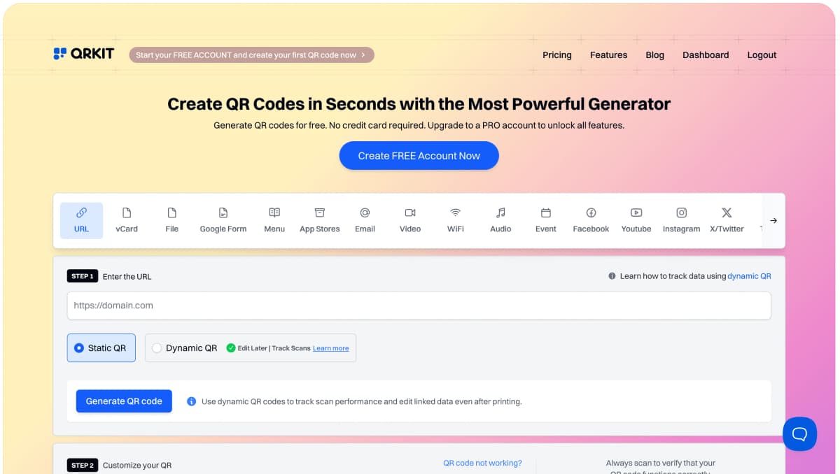 QRKit website homepage showing QR code types toolbar