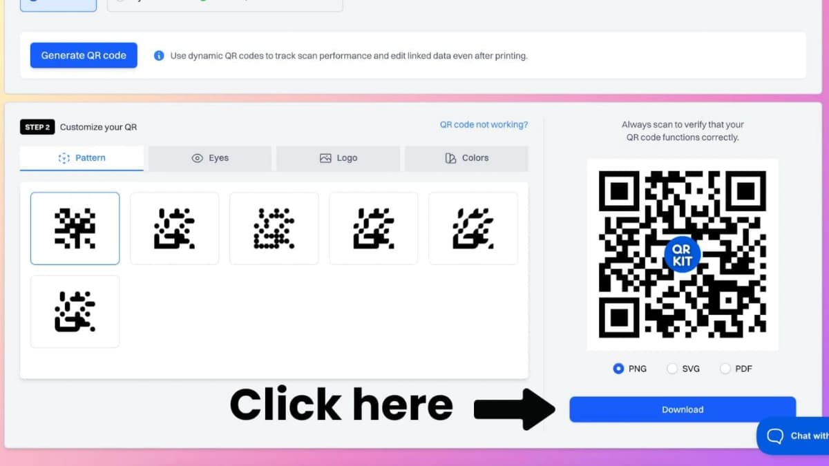 QRKit download interface showing PNG and SVG format options