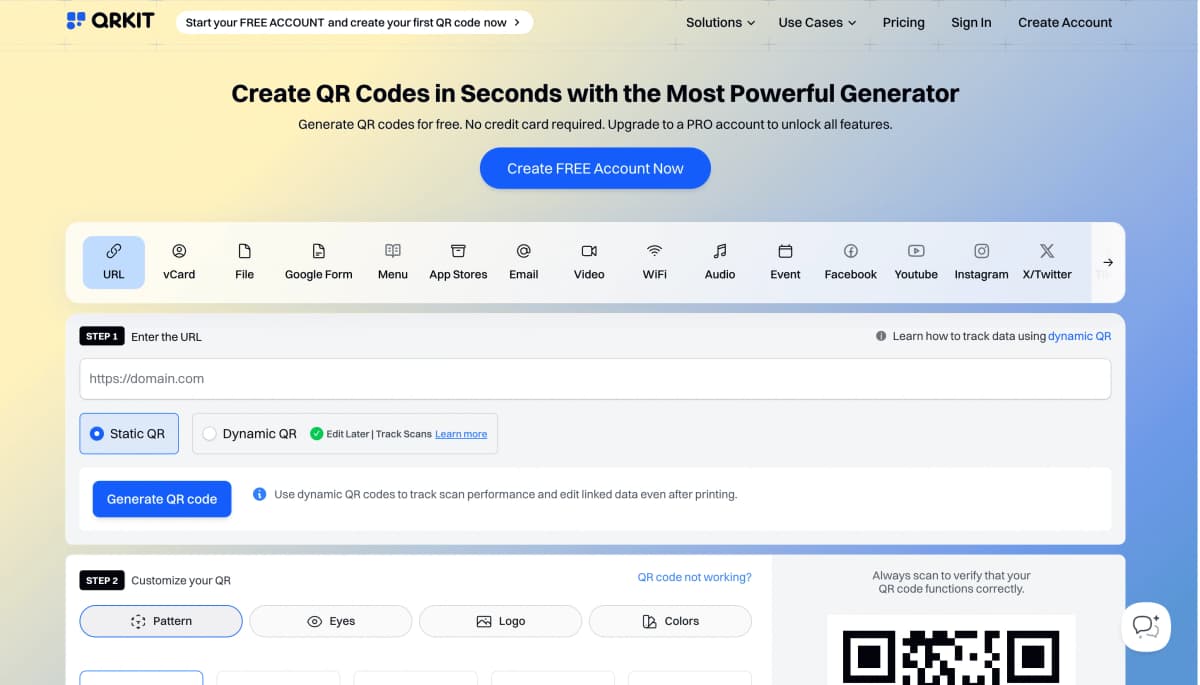 QRKit website homepage showing QR code types toolbar
