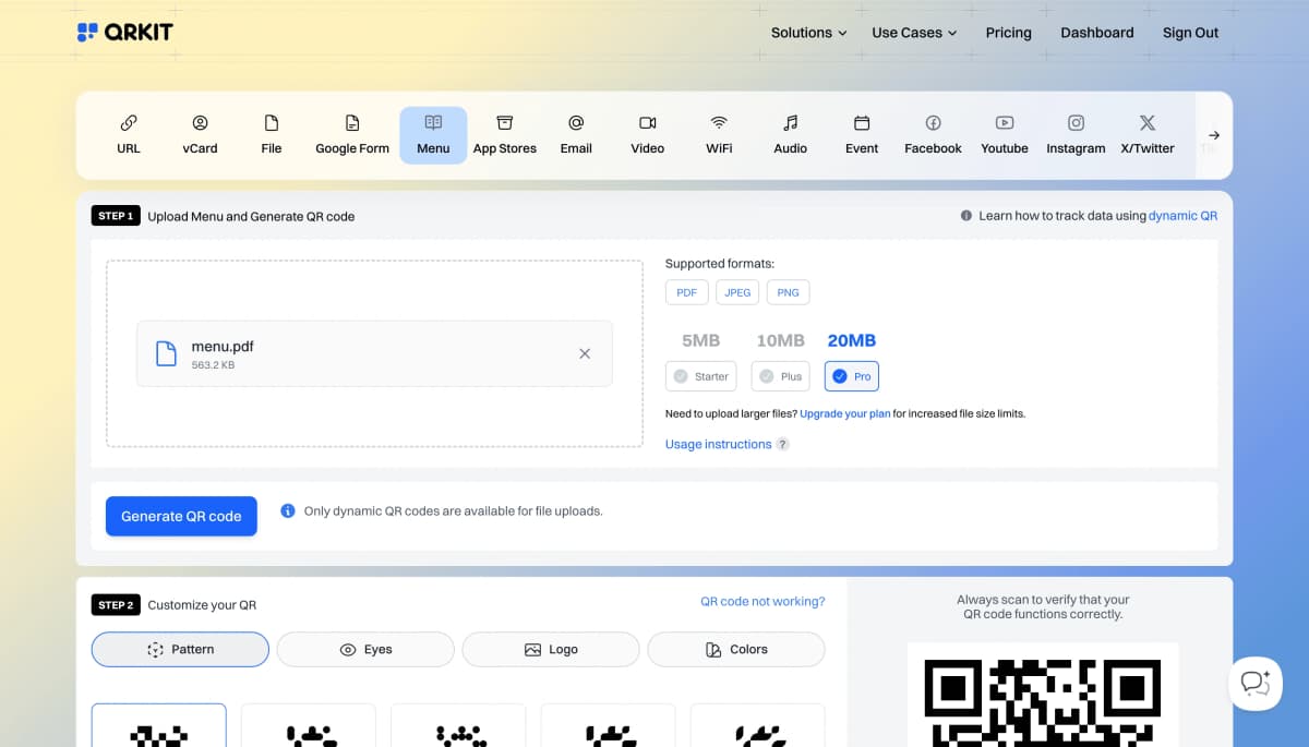 QRKit upload menu interface showing file upload panel