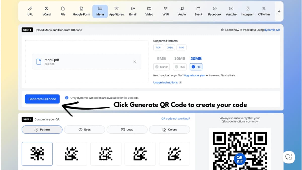 QRKit generated QR code showing the completed menu QR code