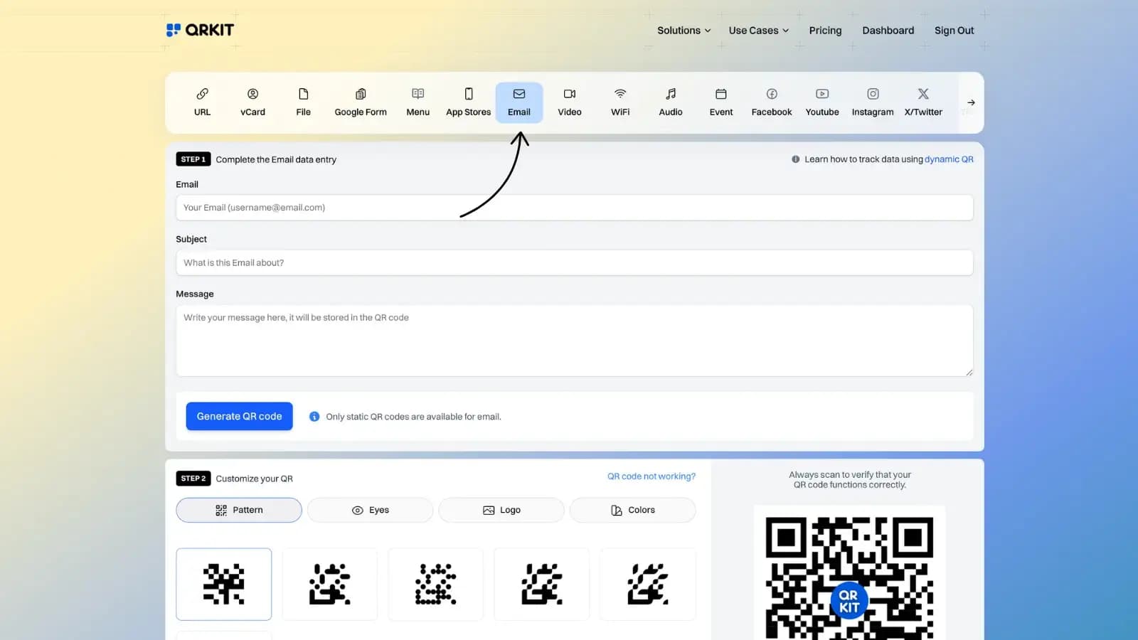 Email QR code configuration options