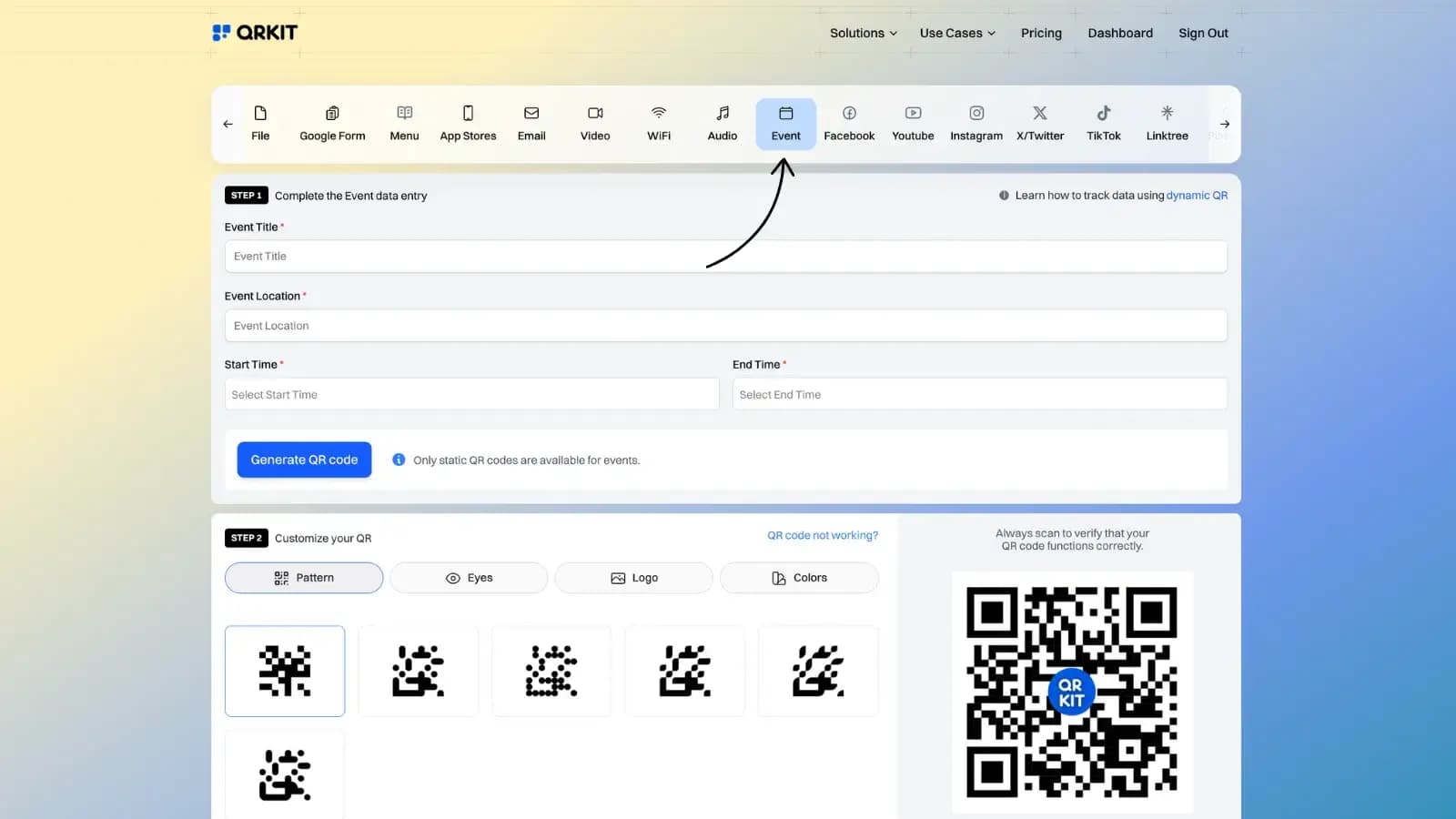 Event QR code configuration options