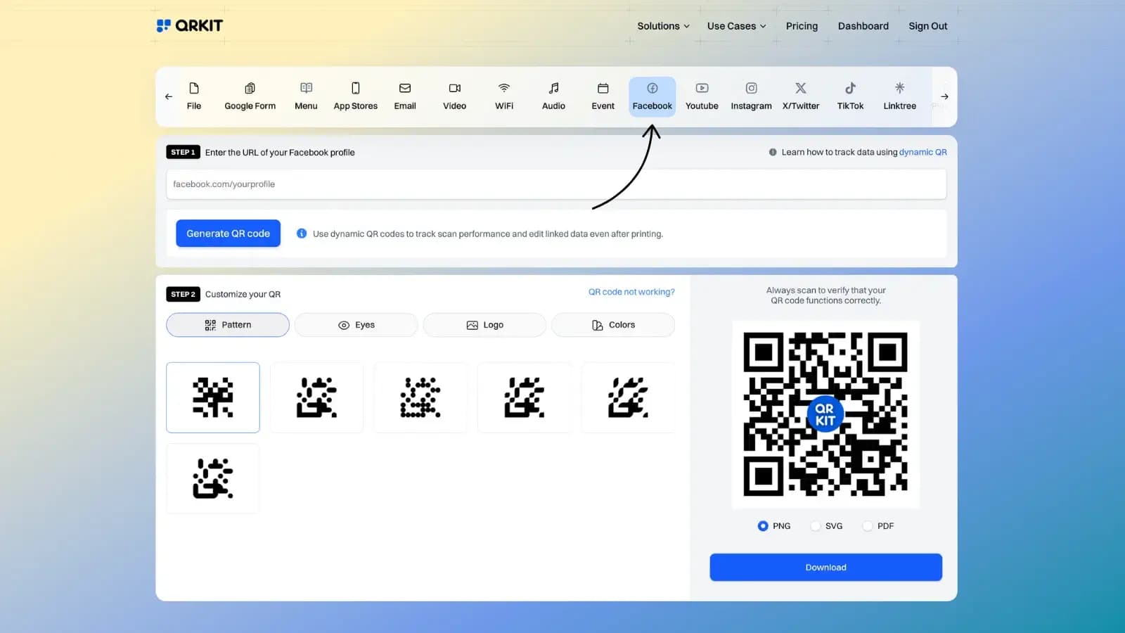 Facebook QR code configuration options