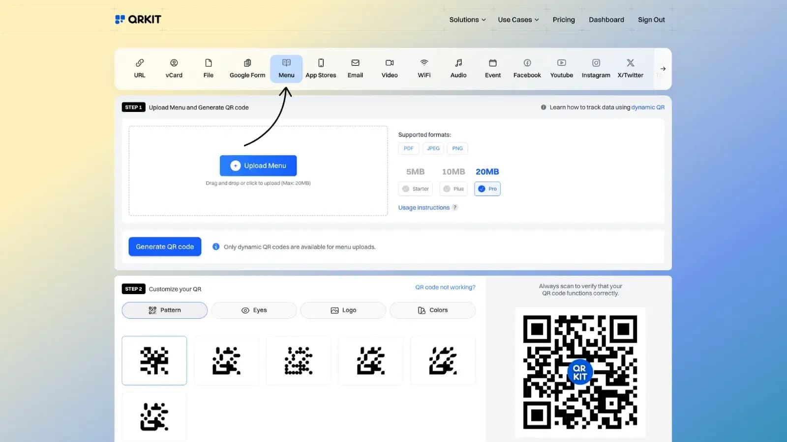 Menu QR code configuration options