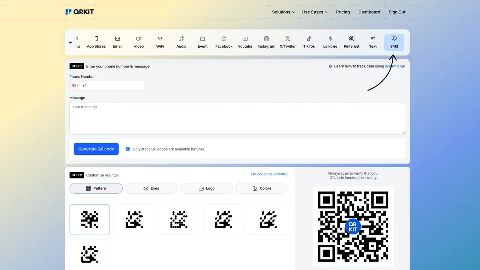 SMS QR code configuration options
