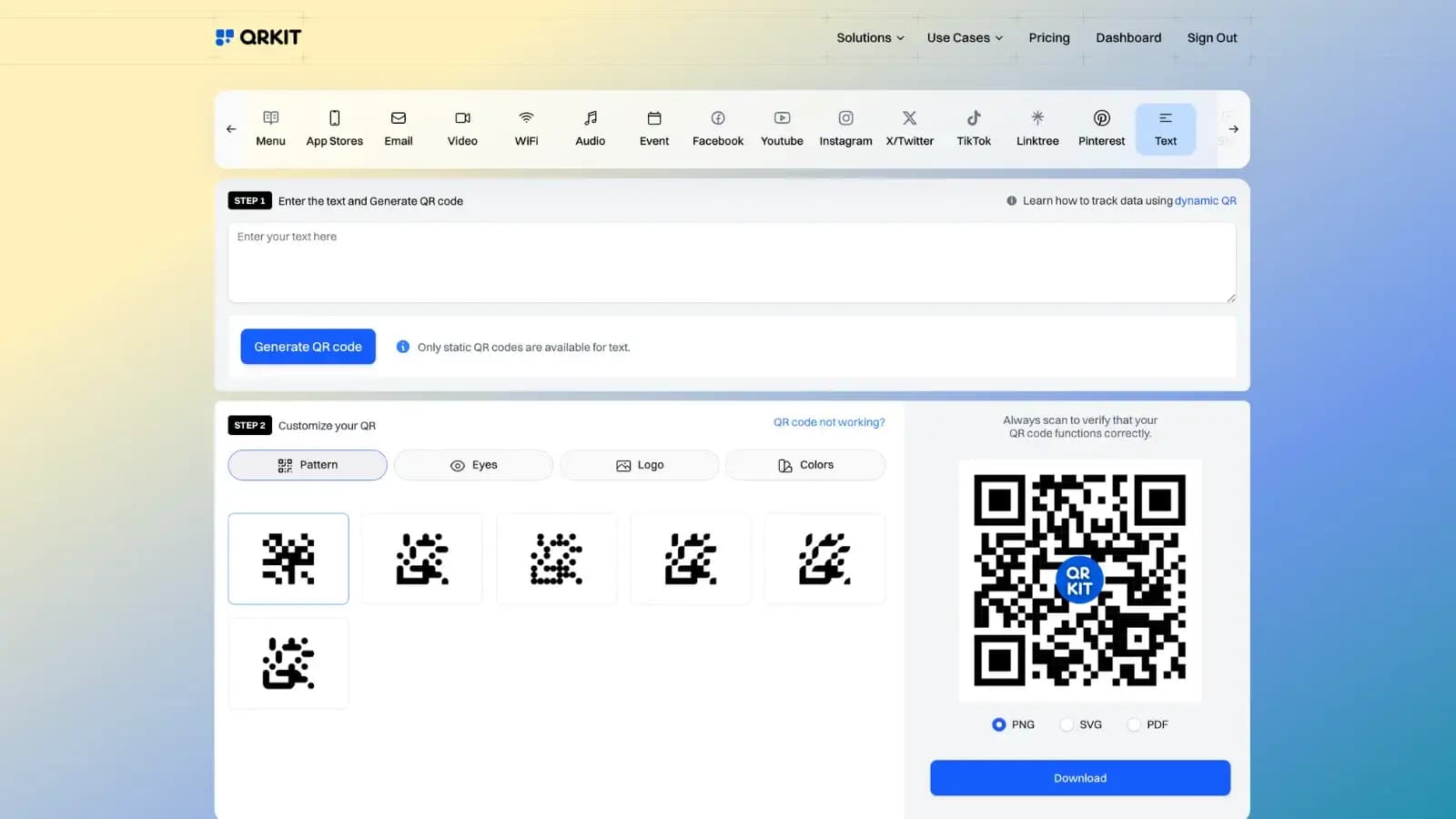 Text QR code configuration options