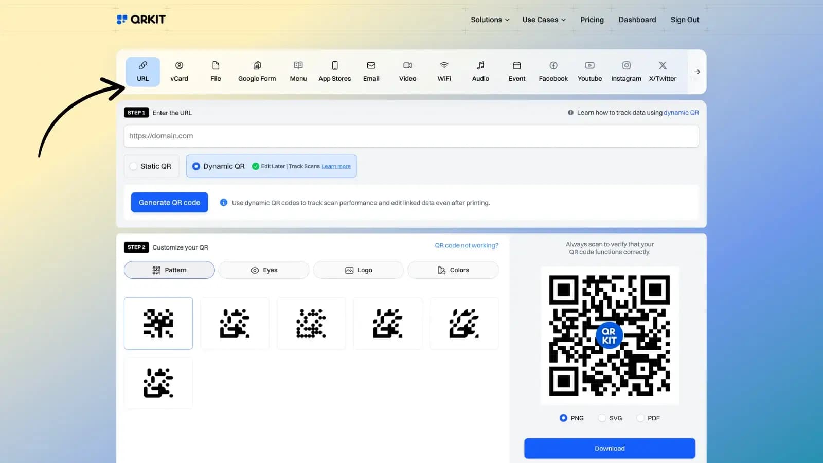 URL QR code configuration options