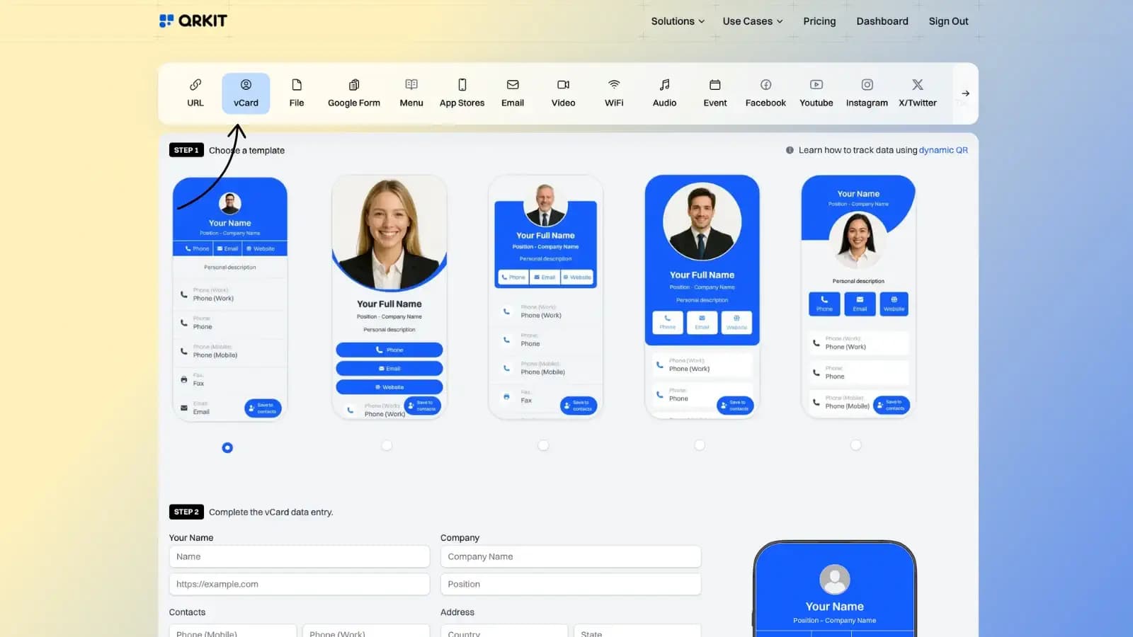 vCard QR code configuration options