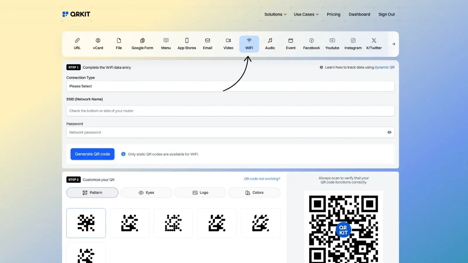 WiFi QR code configuration options