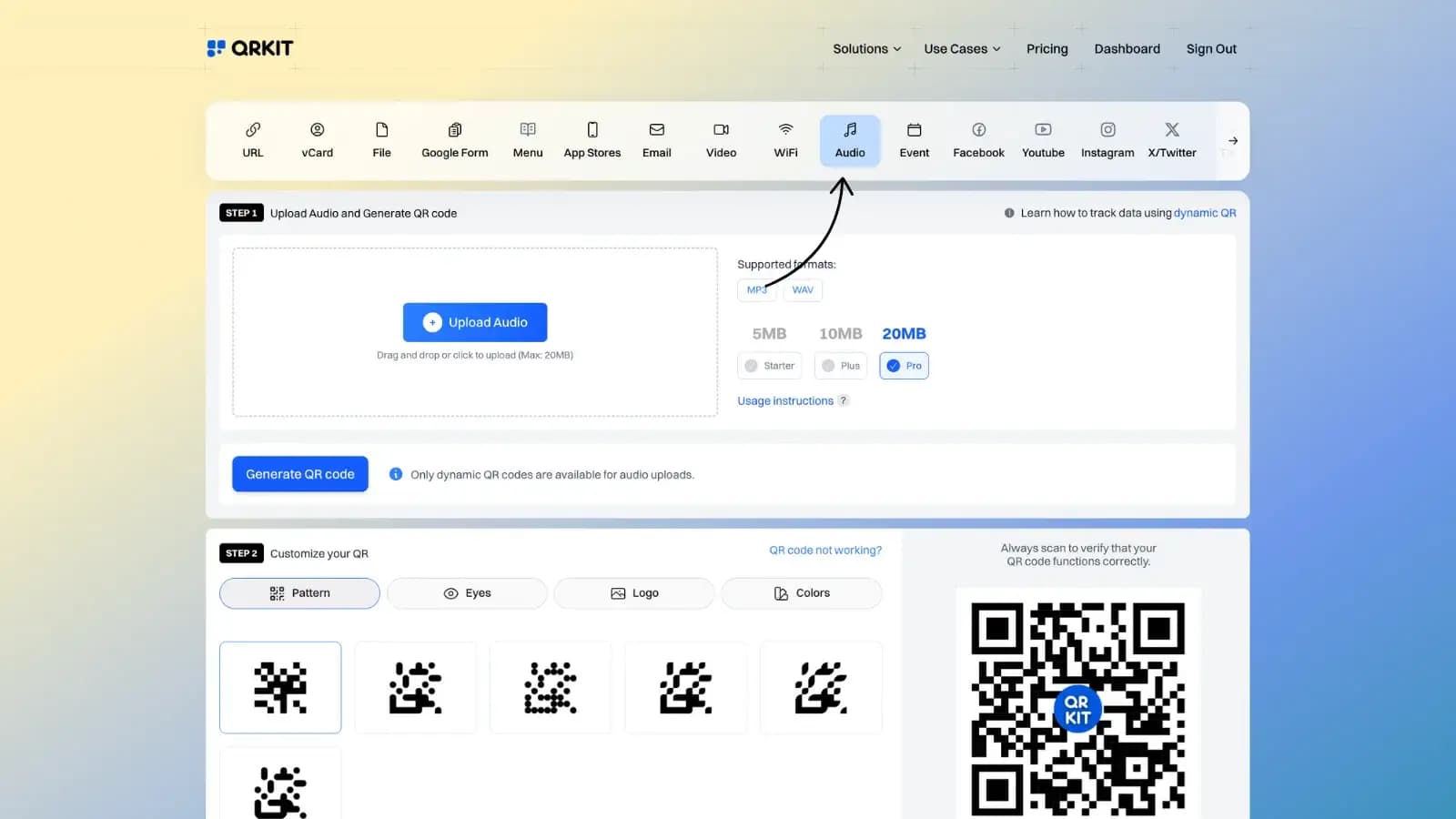 Audio QR code configuration options