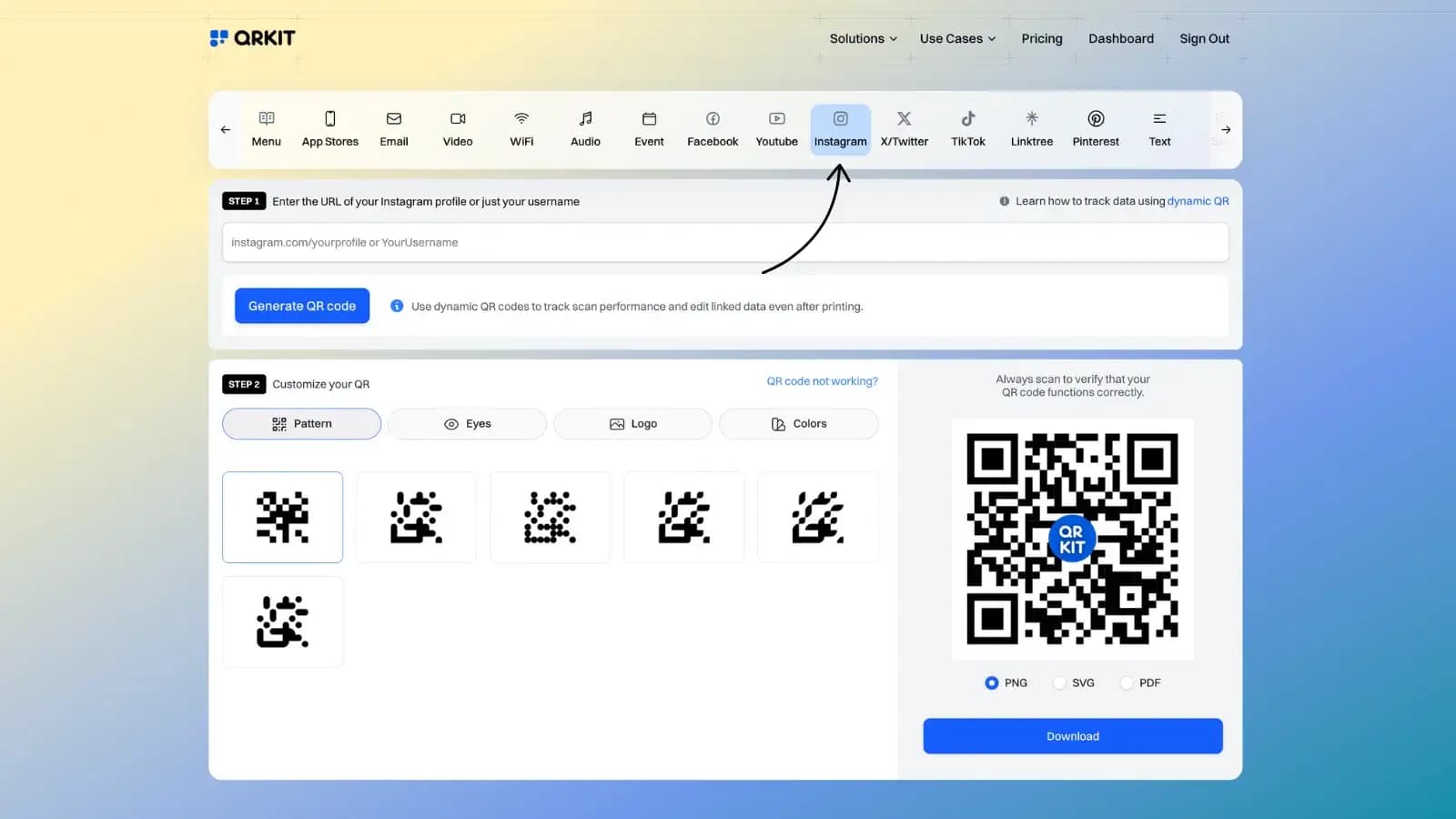 Instagram QR code configuration options