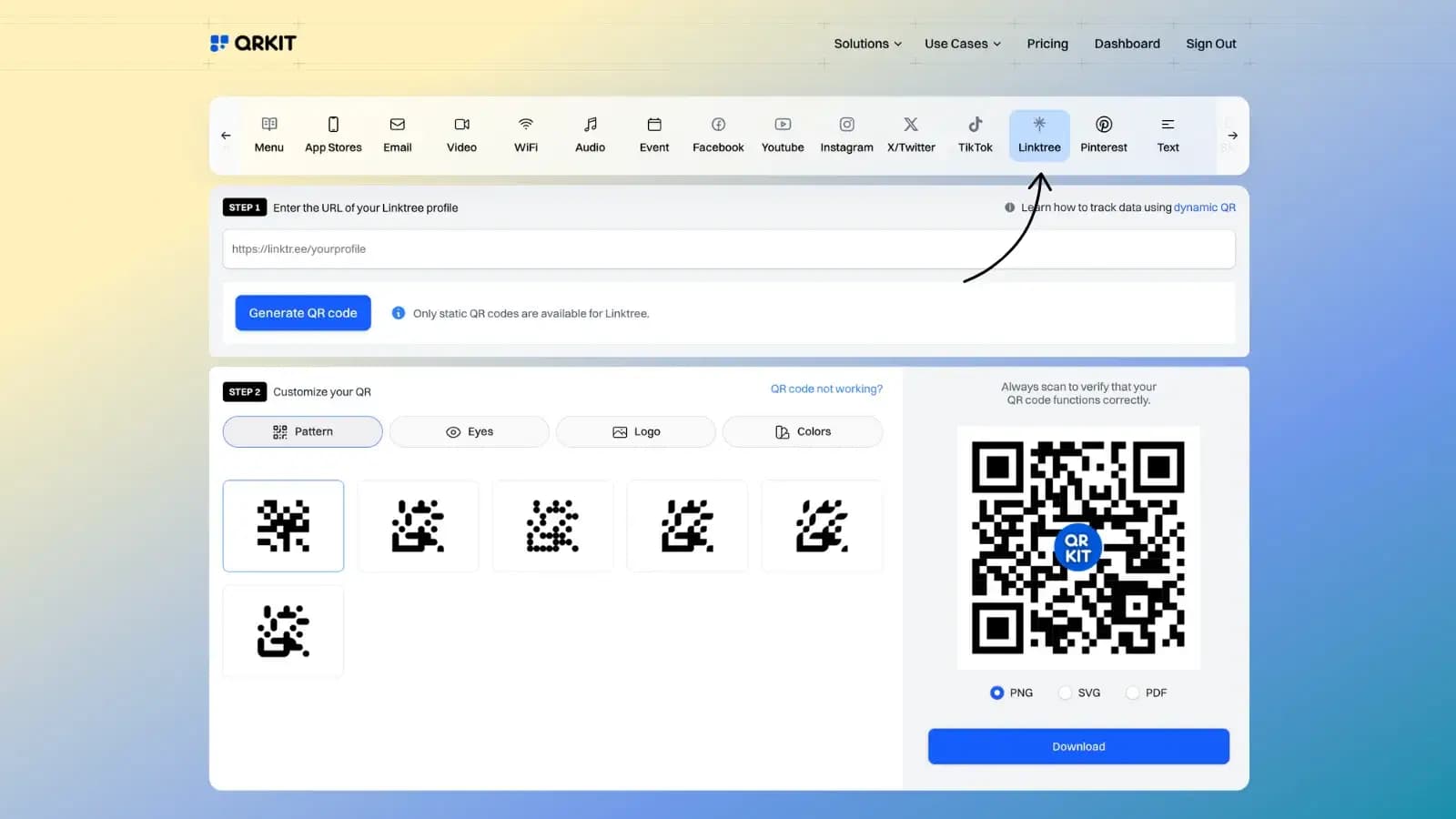 Linktree QR code configuration options